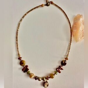 Necklace w bronze Freshwater Pearls, Agates, Glass, Seed Beads & stone pendant
